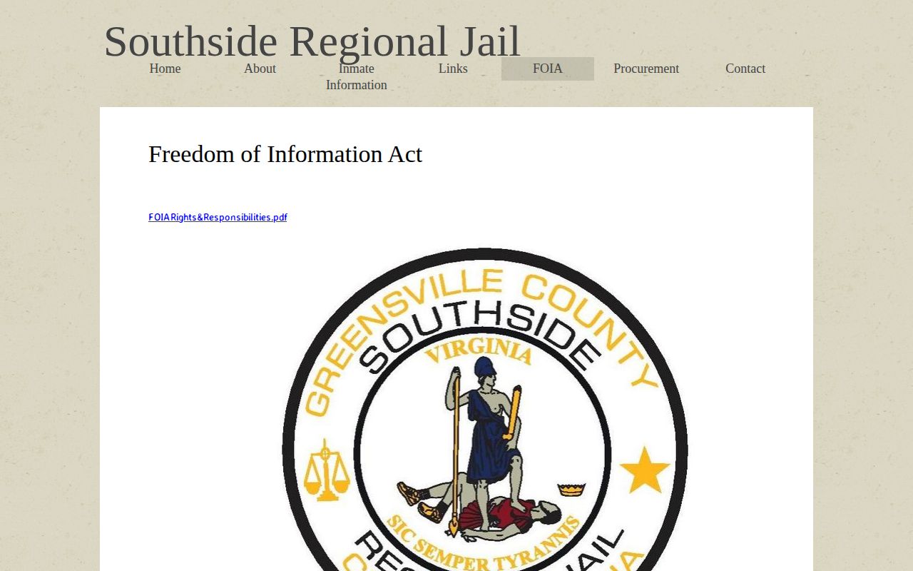 Southside Regional Jail FOIA route for a Greensville County released inmate mugshot