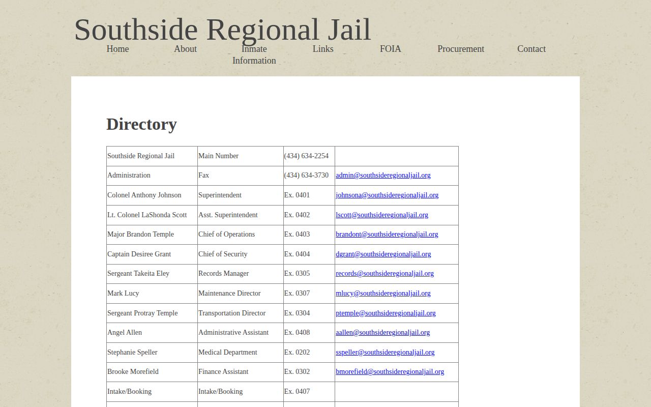 Southside Regional Jail release record and intake contacts