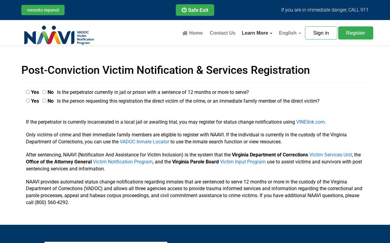 NAAVI registration for Greensville County state-prison release notifications