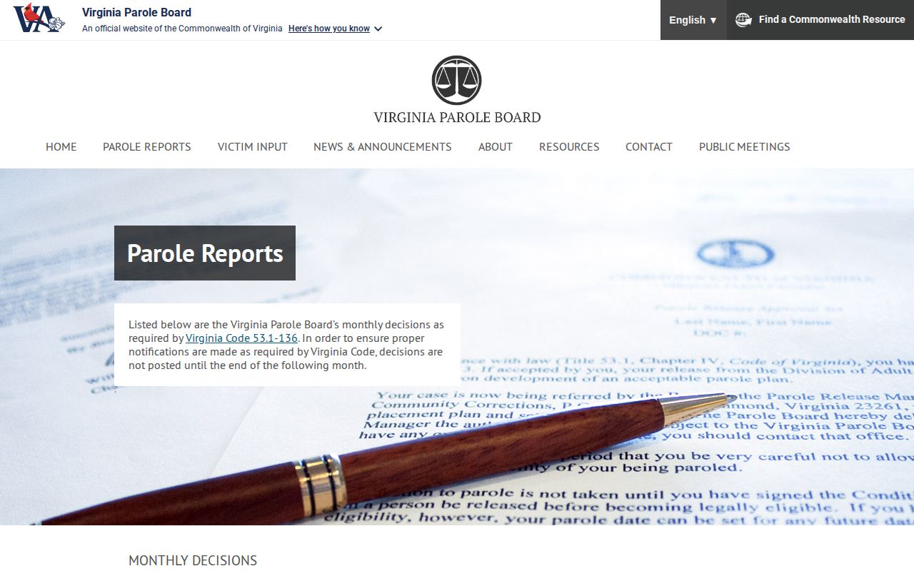 Greensville County parole decision reports from the Virginia Parole Board