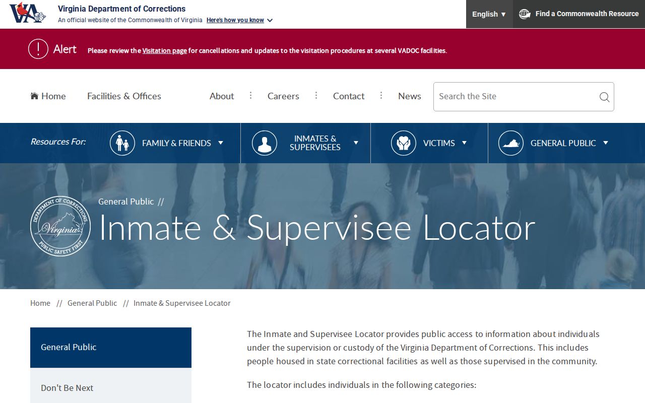 Virginia Department of Corrections inmate and supervisee locator search form